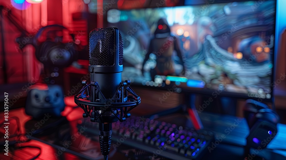 Close up view of microphone. PC at home with shooter game launched on. FPS experience virtual reality Close up view of microphone. PC at home with shooter game launched on. FPS experience virtual reality