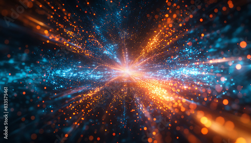 Abstract tech background with a digital particles explosion around a quantum core, symbolizing AI and data exchanges