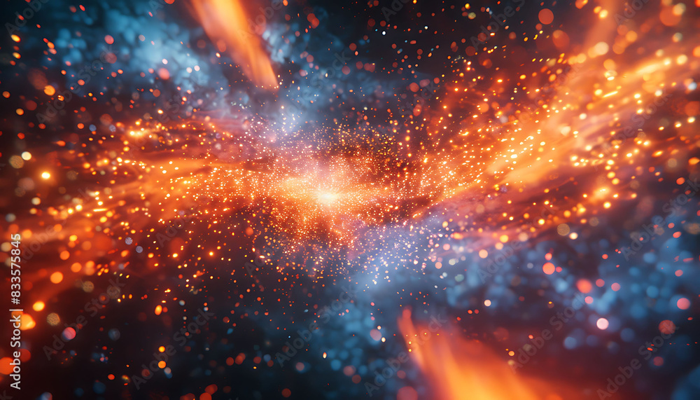 Abstract tech background with a digital particles explosion around a quantum core, symbolizing AI and data exchanges Abstract tech background with a digital particles explosion around a quantum core, symbolizing AI and data exchanges