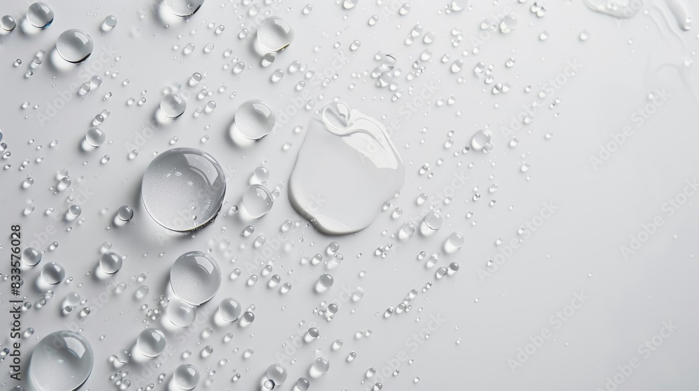 Close up of water drops on a white surface, reflecting light. High resolution photography. Close up of water drops on a white surface, reflecting light. High resolution photography.