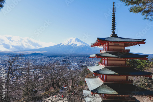 The iconic view of Mount Fuji with the red Chureito pagoda and Fujiyoshida city from Arakurayama sengen park in Yamanashi Prefecture  Japan.