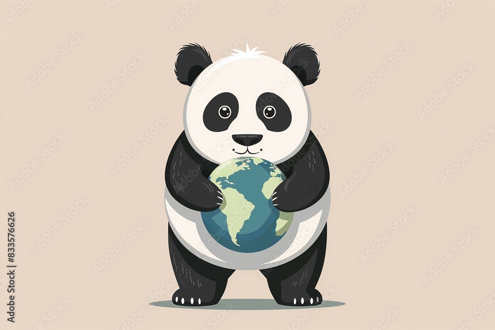 Naklejka premium A giant panda gently holding Earth front view, guardian animals theme