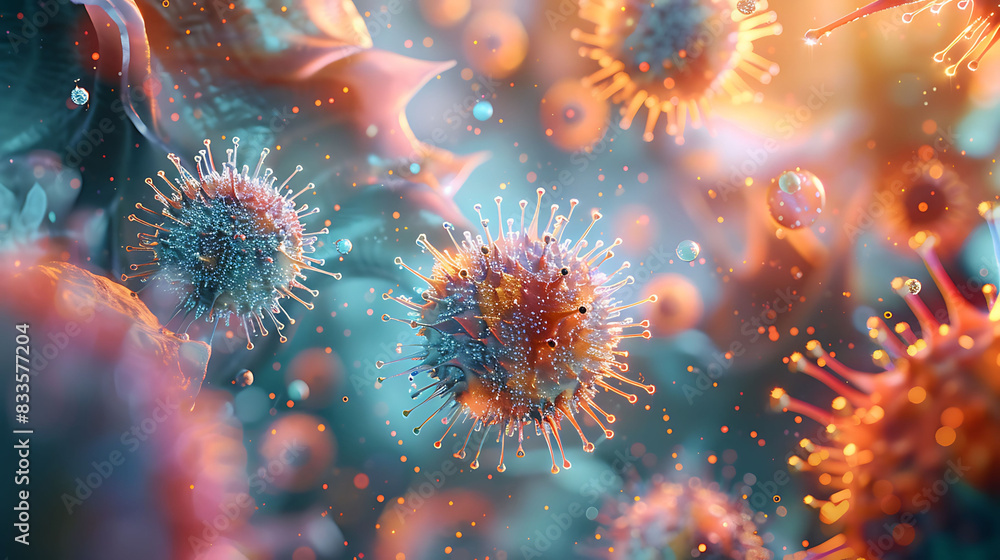 Vibrant microscopic view of viruses with spiky surfaces, surrounded by particles and biological structures Vibrant microscopic view of viruses with spiky surfaces, surrounded by particles and biological structures