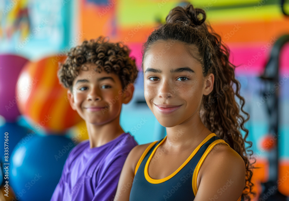 A cheerful boy and girl smiling at the camera in a vibrant gym setting, surrounded by colorful fitness equipment. A cheerful boy and girl smiling at the camera in a vibrant gym setting, surrounded by colorful fitness equipment.