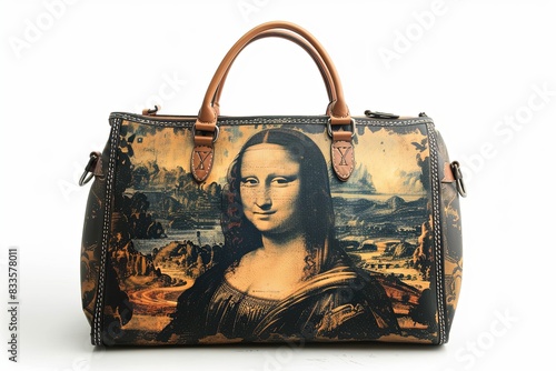 Woman luxury handbag made out of mona lisa painting, isolated on white background