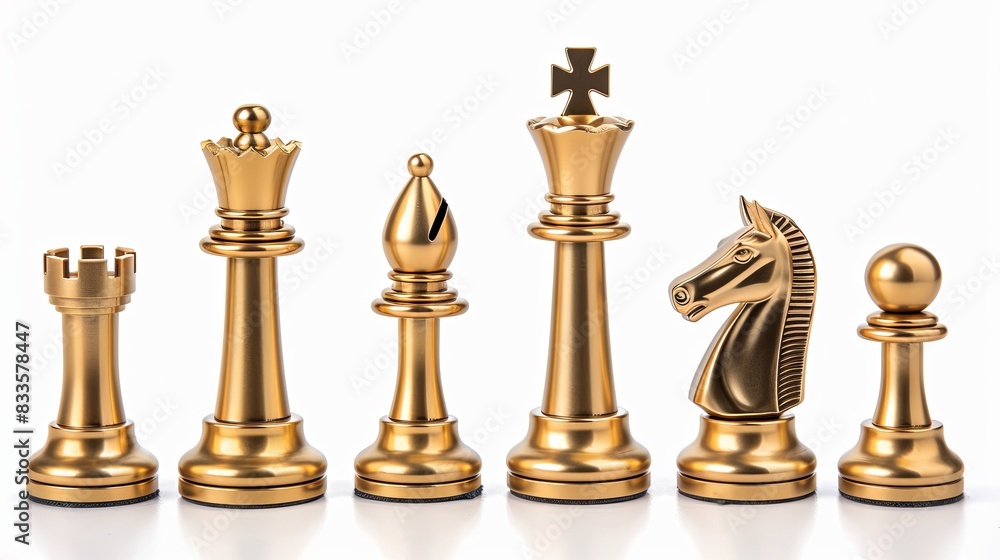 Set of luxury golden chess pieces isolated on white background. The photo of gold chess, king, rook, bishop, queen, knight, and pawn Set of luxury golden chess pieces isolated on white background. The photo of gold chess, king, rook, bishop, queen, knight, and pawn