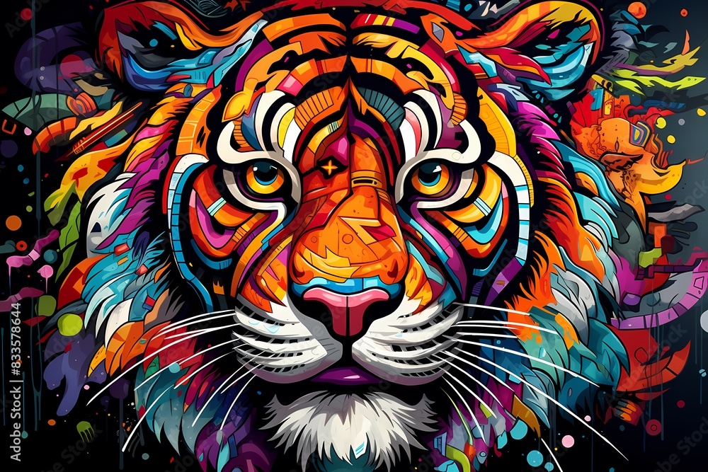 doodle background design, colorful tiger graffiti art