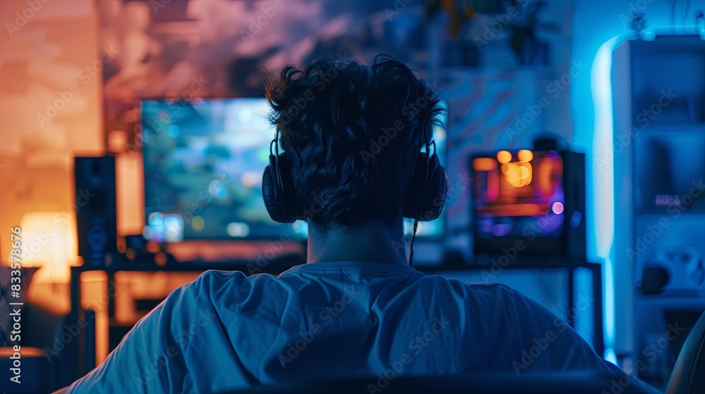 View from behind. Online streamer playing FPS shooter game at home View from behind. Online streamer playing FPS shooter game at home