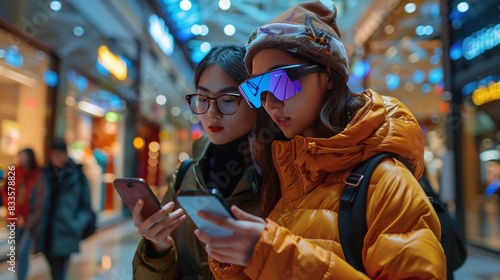 People using smart glasses for augmented shopping experiences. 