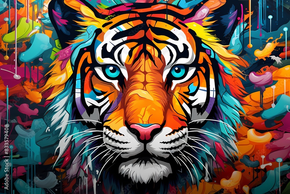 doodle background design, colorful tiger graffiti art