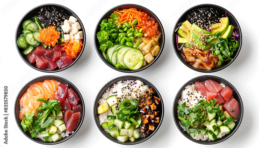 Set of different poke bowls isolated on white, top view Set of different poke bowls isolated on white, top view