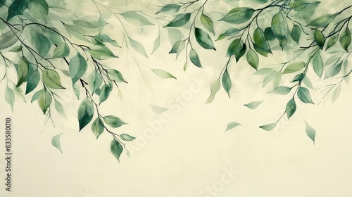 Wallpaper Mural Delicate watercolor painting of tender green leaves and branches on a beige background. Torontodigital.ca