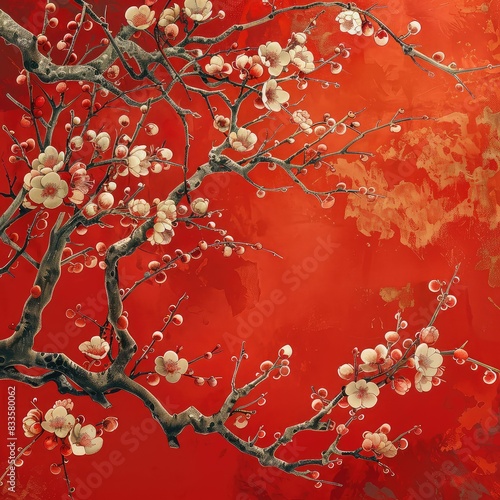 Oil painting of a cherry blossom tree in full bloom against a red background.