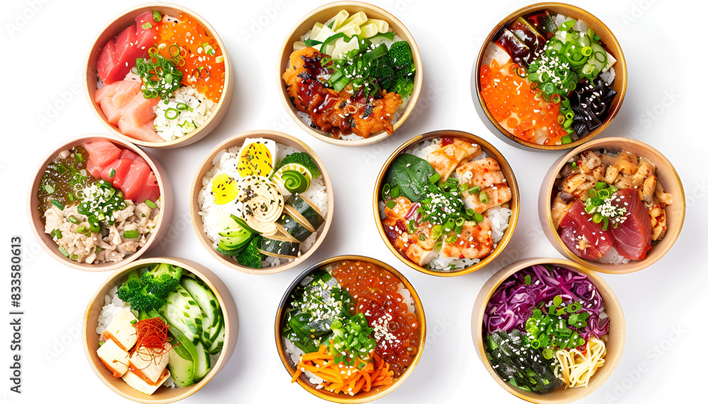 Set of different poke bowls isolated on white, top view Set of different poke bowls isolated on white, top view