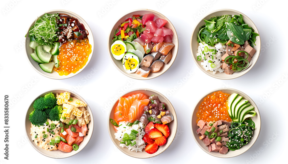 Set of different poke bowls isolated on white, top view Set of different poke bowls isolated on white, top view