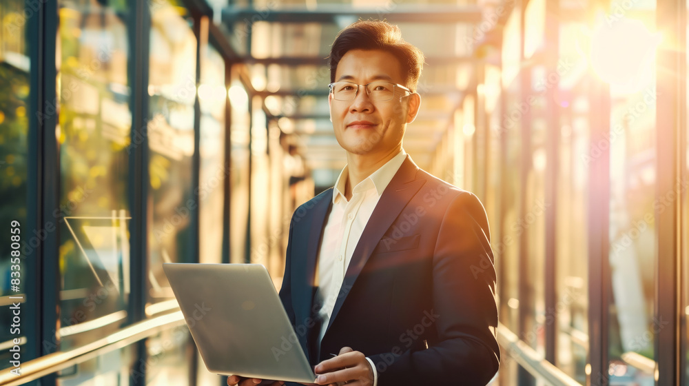 Fototapeta premium Chinese corporate man standing in an office corridor