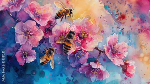 watercolor painting of pink cherry blossom with flying bees photo