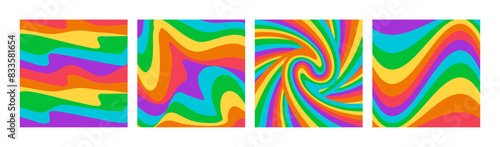 Abstract square backgrounds set with colorful waves in Pride Flag colors. Trendy vector illustration in retro Y2k style