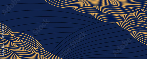 Clouds, waves, curved lines background, frame, border, gold on blue. Vector illustration. Design element, abstract landscape, backdrop, banner. Mid Autumn Festival, Chinese New Year card, poster