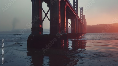 Forth rail bridge on columns in sea photo