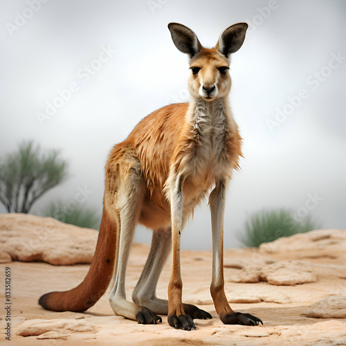 Kangaroo in the desert on a cloudy day. 3d render photo