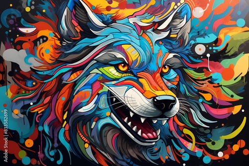 doodle background design, colorful wolf graffiti art