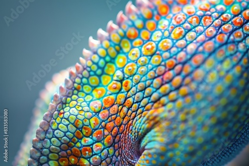 Macro photography showcasing the vivid, multicolored skin texture of a chameleon with great detail