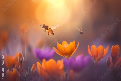 Wallpaper Mural Honeybees flying among beautiful tulips in a dreamy, sunlit meadow creating a fairy tale atmosphere Torontodigital.ca