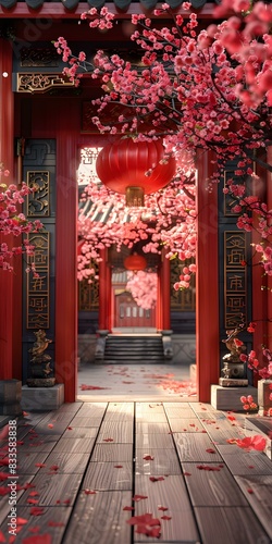 Chinese style architecture with pink flowers photo