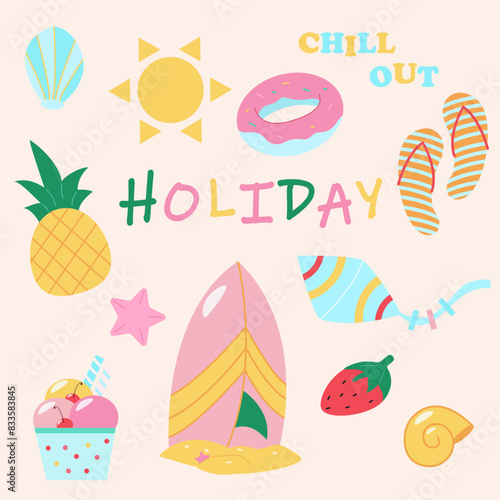 set of summer stickers, travel, vacation, vacation, vector flat illustrations, icons
