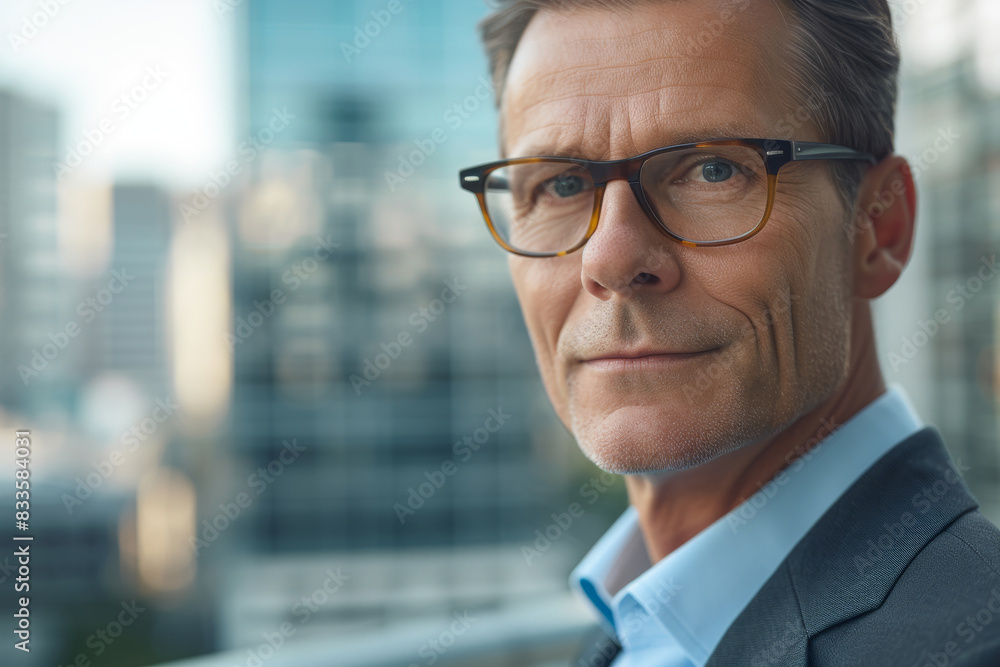 Businessman wearing glasses and a suit is standing in front of a building, entrepreneur and success concept Businessman wearing glasses and a suit is standing in front of a building, entrepreneur and success concept