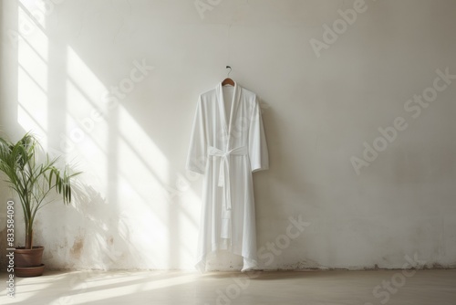 Lone white bathrobe hangs on a wall with sunlight casting soft shadows  evoking a calm  serene atmosphere