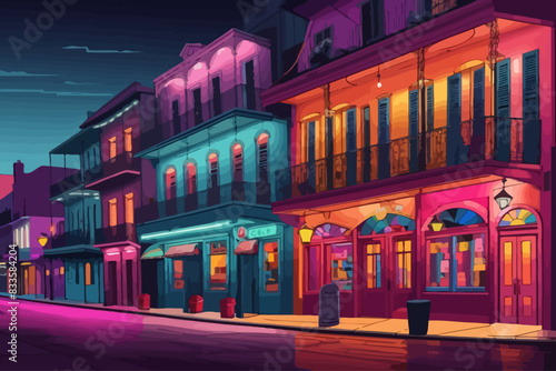 style cartoon Pubs and bars with neon light bourbon street new orleans illustration