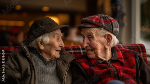 Two seniors engage in conversation while seated on a sofa