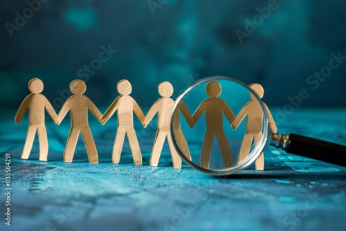 A magnifying glass highlights paper cut-out figures, symbolizing analysis and social concepts