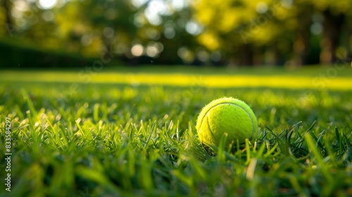 Close-up of a tennis ball on a grass court. High resolution photography. 