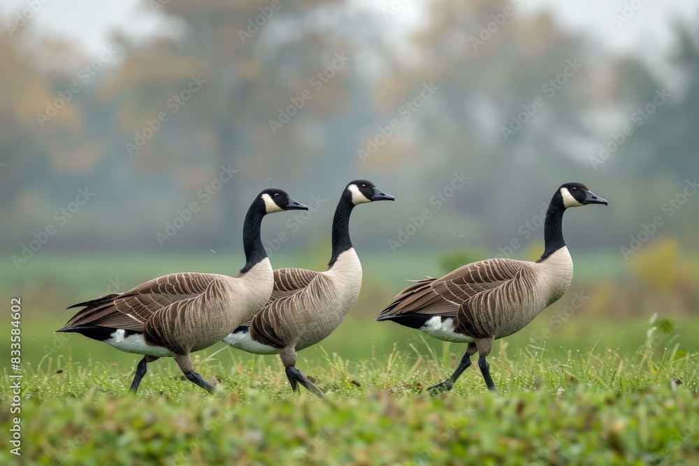 A trio of Canada geese standing gracefully in a field with fall foliage behind them A trio of Canada geese standing gracefully in a field with fall foliage behind them