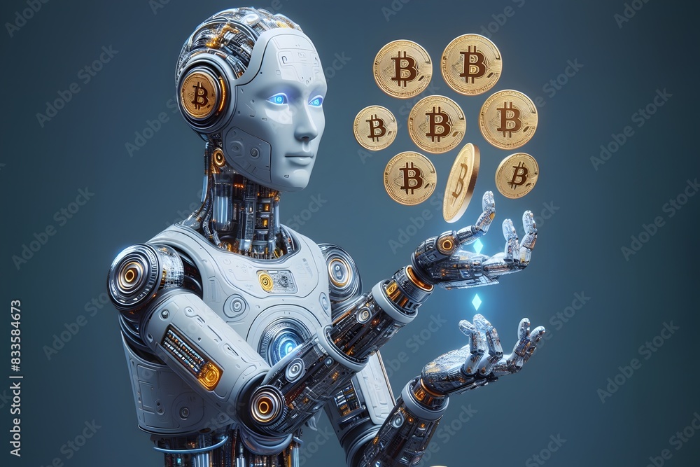 Naklejka premium Artificial intelligence playing bitcoin trading cryptocurrency blockchain manipulate market