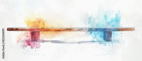 Artistic watercolor seesaw with colorful splashes of orange and blue against a white background, symbolizing balance and playfulness. photo