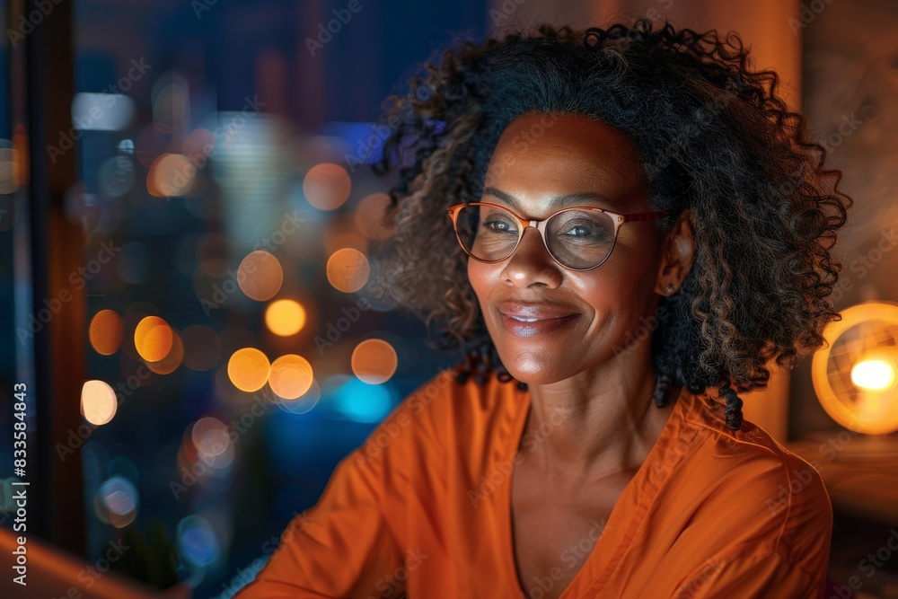 A close-up portrait of an individual with curly hair, an orange shirt, indoors with blurred city lights backdrop A close-up portrait of an individual with curly hair, an orange shirt, indoors with blurred city lights backdrop