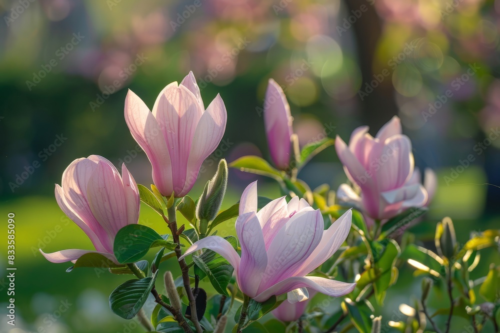 Vibrant pink magnolia flowers blooming against a soft background