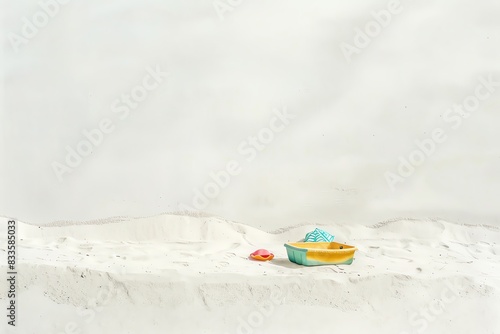 Colorful toy boat and sand play set on white sandy beach, perfect for depicting childhood fun and beach activities.