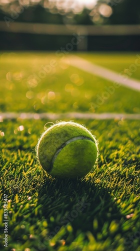 Close-up of a tennis ball on a grass court. High resolution photography. 