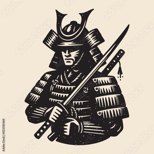  Japanese Samurai.  Vintage retro engraving illustration. Black icon, isolated element	