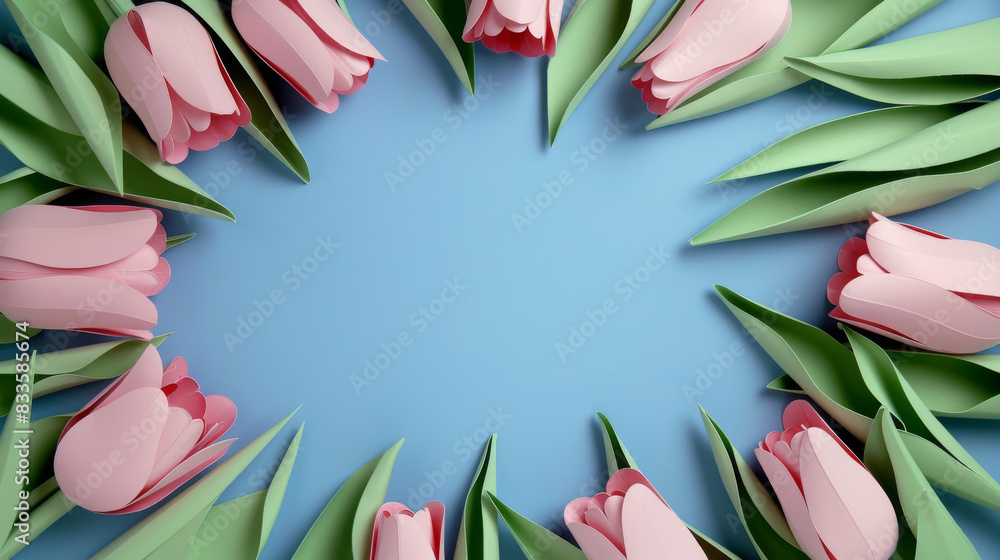 A blue background with pink tulip flower frame, romantic background A blue background with pink tulip flower frame, romantic background
