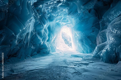Fantasy image of icy abstract caverns deep underground, with light emanating from a frozen cavern, evoking cryotherapy and icy temperatures photo