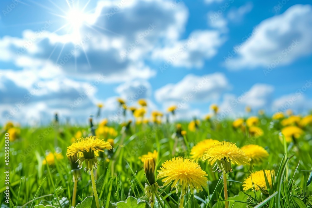 A field of yellow flowers with a bright blue sky in the background