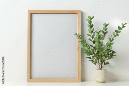 Mockup of a wooden frame in a simple white setting, ideal for displaying artwork, photos, or printed materials