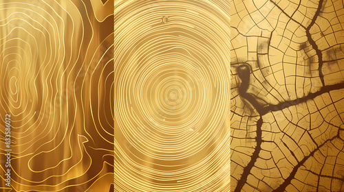 Set of templates. Luxury golden background with wood annual rings texture. Banner with tree ring pattern. photo
