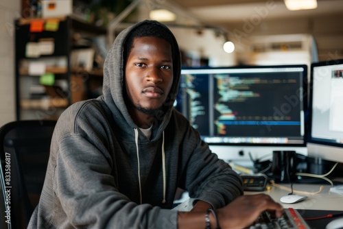  Focused programmer in a hoodie working at a computer.